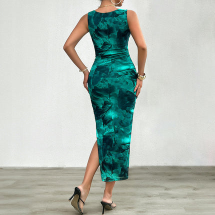 Women's Sleeveless Tie Dye Crew Neck Ruched Slit Hem Party Bodycon Dress