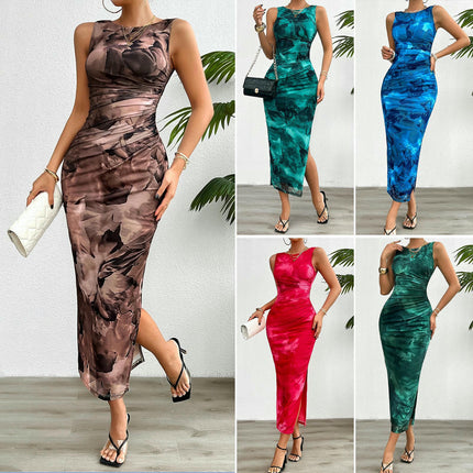 Women's Sleeveless Tie Dye Crew Neck Ruched Slit Hem Party Bodycon Dress