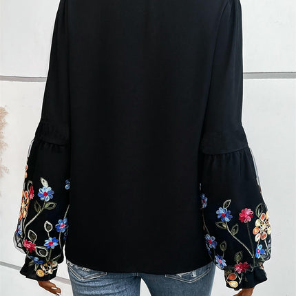 Women's V-Neck Tops-Casual Flared Long Sleeve Embroidered Shirt Top with Buttons
