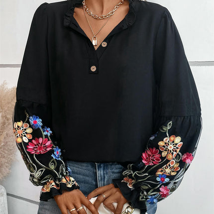 Women's V-Neck Tops-Casual Flared Long Sleeve Embroidered Shirt Top with Buttons