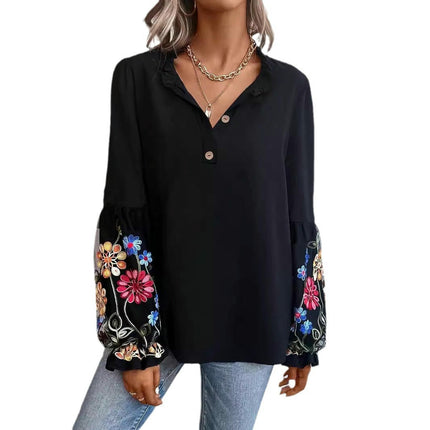 Women's V-Neck Tops-Casual Flared Long Sleeve Embroidered Shirt Top with Buttons