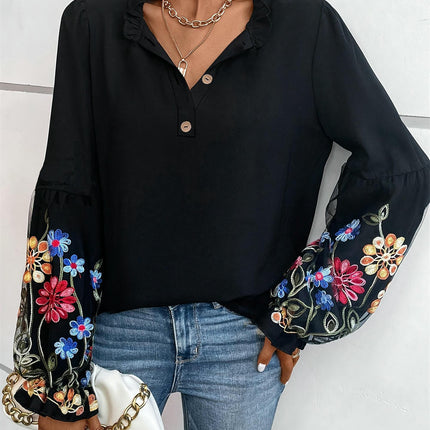 Women's V-Neck Tops-Casual Flared Long Sleeve Embroidered Shirt Top with Buttons