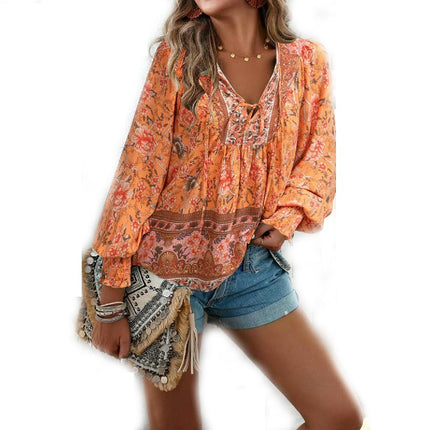 Women's Casual Boho Printed V Neck Tops Drawstring Long Sleeve T Shirt Blouses