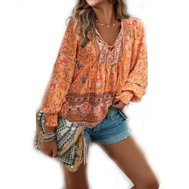 Women's Casual Boho Printed V Neck Tops Drawstring Long Sleeve T Shirt Blouses