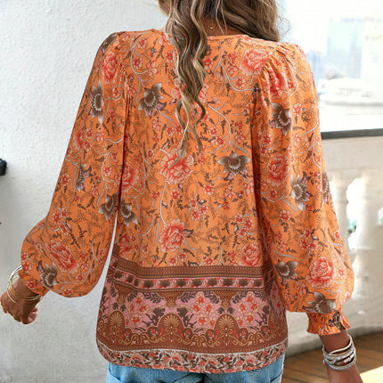Women's Casual Boho Printed V Neck Tops Drawstring Long Sleeve T Shirt Blouses