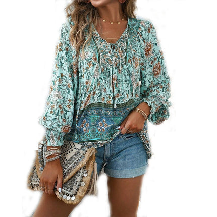 Women's Casual Boho Printed V Neck Tops Drawstring Long Sleeve T Shirt Blouses