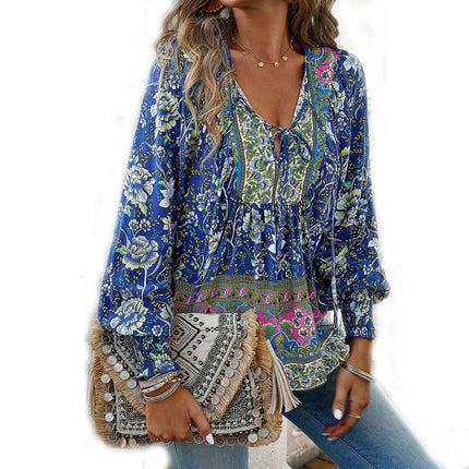 Women's Casual Boho Printed V Neck Tops Drawstring Long Sleeve T Shirt Blouses