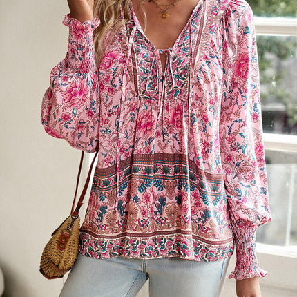Women's Casual Boho Printed V Neck Tops Drawstring Long Sleeve T Shirt Blouses