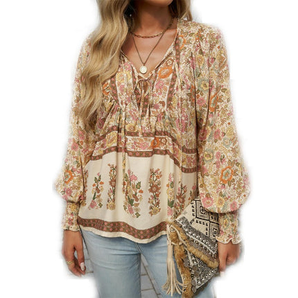Women's Casual Boho Printed V Neck Tops Drawstring Long Sleeve T Shirt Blouses
