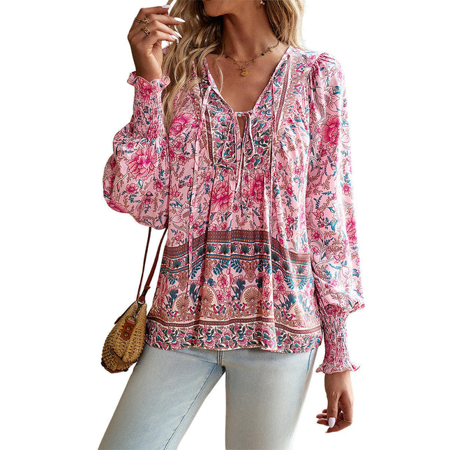 Women's Casual Boho Printed V Neck Tops Drawstring Long Sleeve T Shirt Blouses