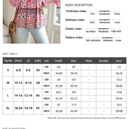 Women's Casual Boho Printed V Neck Tops Drawstring Long Sleeve T Shirt Blouses