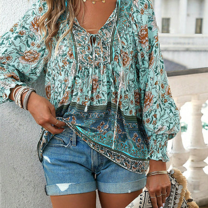 Women's Casual Boho Printed V Neck Tops Drawstring Long Sleeve T Shirt Blouses
