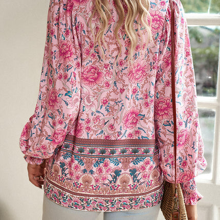 Women's Casual Boho Printed V Neck Tops Drawstring Long Sleeve T Shirt Blouses