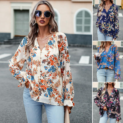 Women's Floral Print V Neck Long Sleeve Tops Loose Blouses Button Down Shirts
