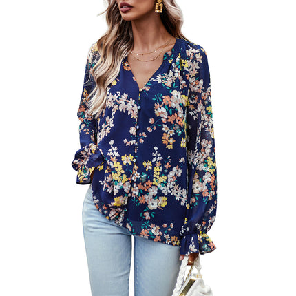 Women's Floral Print V Neck Long Sleeve Tops Loose Blouses Button Down Shirts
