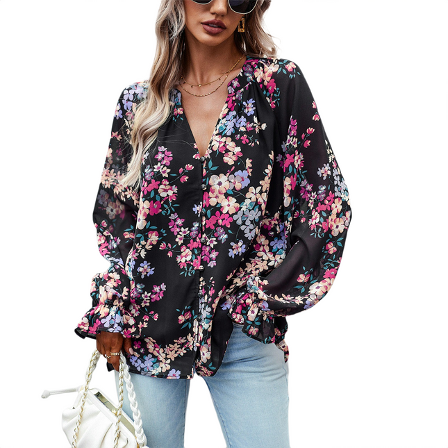 Women's Floral Print V Neck Long Sleeve Tops Loose Blouses Button Down Shirts