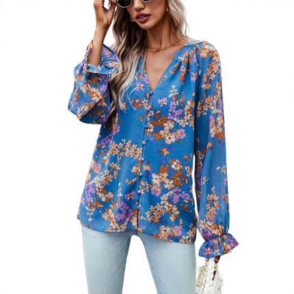 Women's Floral Print V Neck Long Sleeve Tops Loose Blouses Button Down Shirts