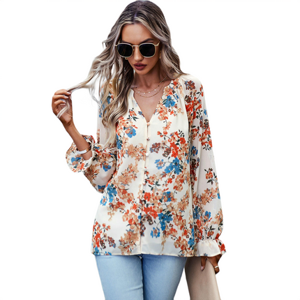 Women's Floral Print V Neck Long Sleeve Tops Loose Blouses Button Down Shirts