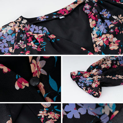 Women's Floral Print V Neck Long Sleeve Tops Loose Blouses Button Down Shirts