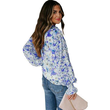 Womens Button Down Shirt V Neck Printed Long Sleeve Blouses Fall Boho Tops