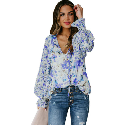 Womens Button Down Shirt V Neck Printed Long Sleeve Blouses Fall Boho Tops