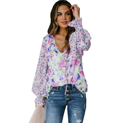 Womens Button Down Shirt V Neck Printed Long Sleeve Blouses Fall Boho Tops