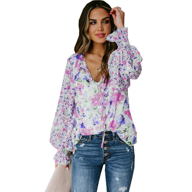 Womens Button Down Shirt V Neck Printed Long Sleeve Blouses Fall Boho Tops
