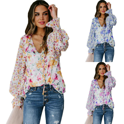 Womens Button Down Shirt V Neck Printed Long Sleeve Blouses Fall Boho Tops