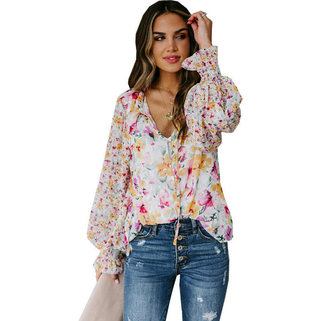 Womens Button Down Shirt V Neck Printed Long Sleeve Blouses Fall Boho Tops
