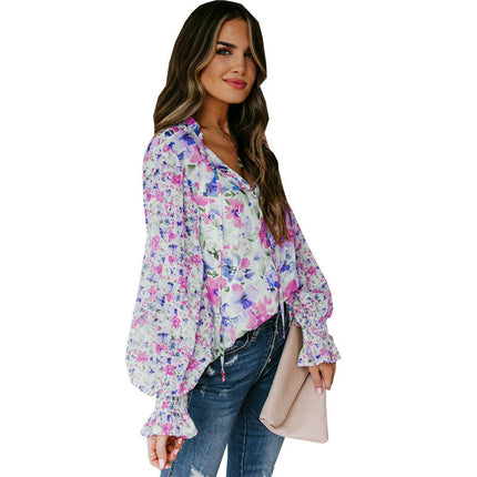 Womens Button Down Shirt V Neck Printed Long Sleeve Blouses Fall Boho Tops