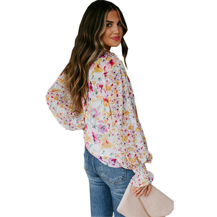 Womens Button Down Shirt V Neck Printed Long Sleeve Blouses Fall Boho Tops