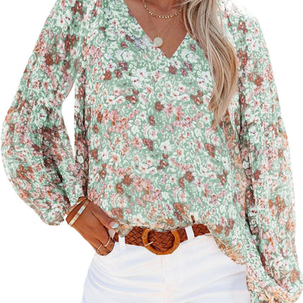Women's Casual Floral Print V Neck Long Sleeve Lantern Sleeves T Shirt Blouses