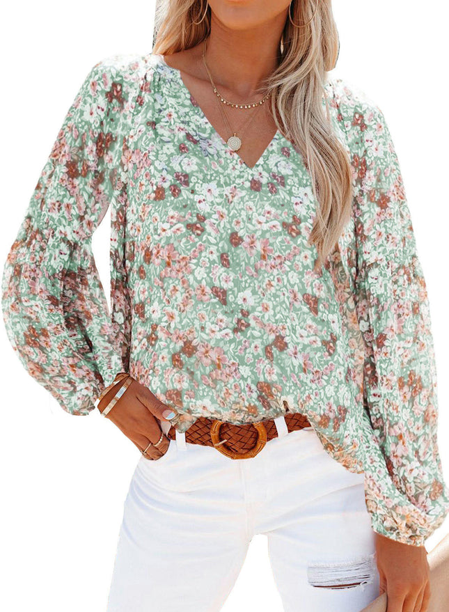 Women's Casual Floral Print V Neck Long Sleeve Lantern Sleeves T Shirt Blouses