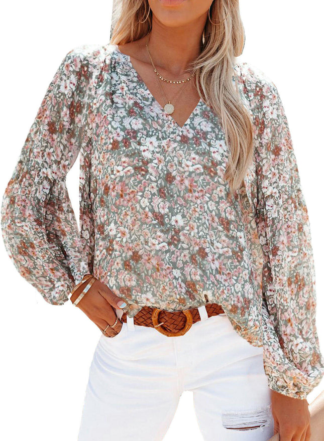 Women's Casual Floral Print V Neck Long Sleeve Lantern Sleeves T Shirt Blouses