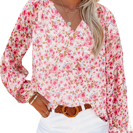 Women's Casual Floral Print V Neck Long Sleeve Lantern Sleeves T Shirt Blouses