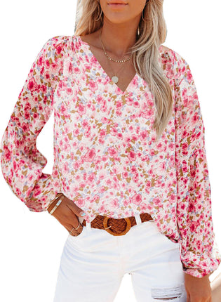 Women's Casual Floral Print V Neck Long Sleeve Lantern Sleeves T Shirt Blouses