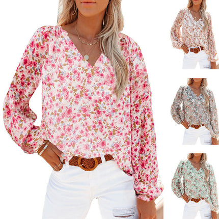 Women's Casual Floral Print V Neck Long Sleeve Lantern Sleeves T Shirt Blouses
