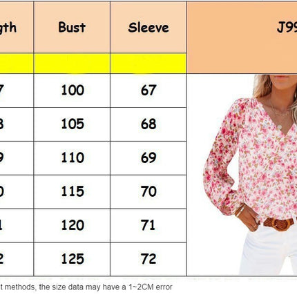 Women's Casual Floral Print V Neck Long Sleeve Lantern Sleeves T Shirt Blouses