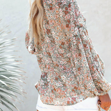 Women's Casual Floral Print V Neck Long Sleeve Lantern Sleeves T Shirt Blouses