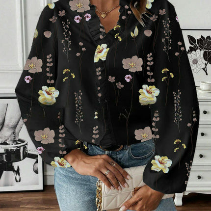 Women's Bohemian Casual Ruffle V-Neck Long Sleeve Floral Print Shirt Top