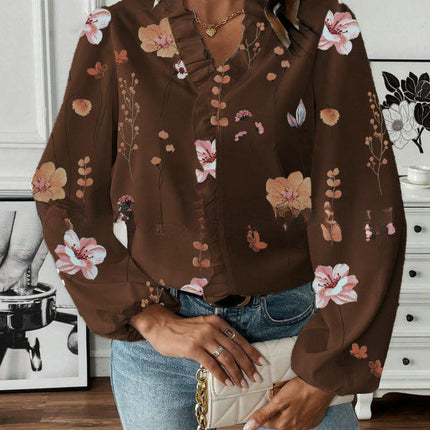 Women's Bohemian Casual Ruffle V-Neck Long Sleeve Floral Print Shirt Top