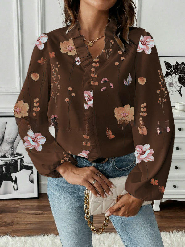 Women's Bohemian Casual Ruffle V-Neck Long Sleeve Floral Print Shirt Top