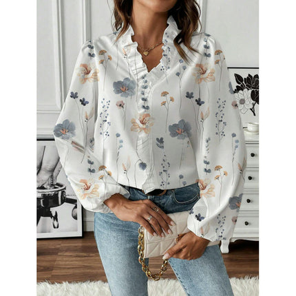 Women's Bohemian Casual Ruffle V-Neck Long Sleeve Floral Print Shirt Top