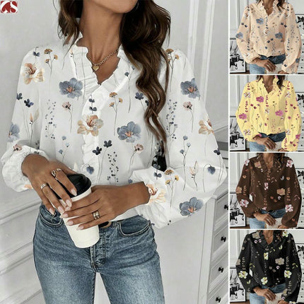 Women's Bohemian Casual Ruffle V-Neck Long Sleeve Floral Print Shirt Top
