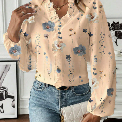 Women's Bohemian Casual Ruffle V-Neck Long Sleeve Floral Print Shirt Top