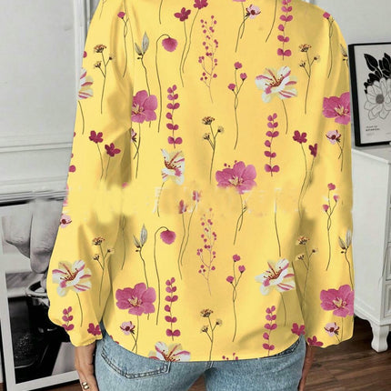 Women's Bohemian Casual Ruffle V-Neck Long Sleeve Floral Print Shirt Top