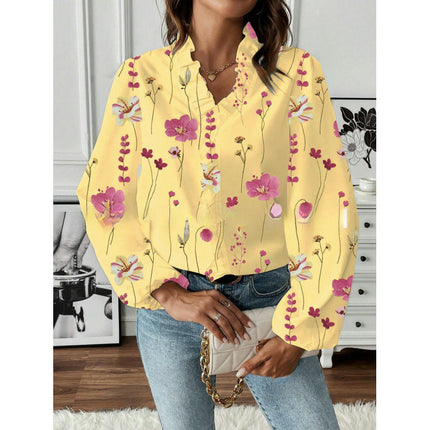 Women's Bohemian Casual Ruffle V-Neck Long Sleeve Floral Print Shirt Top