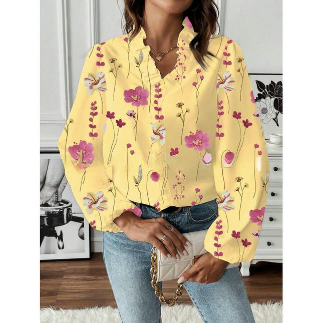Women's Bohemian Casual Ruffle V-Neck Long Sleeve Floral Print Shirt Top