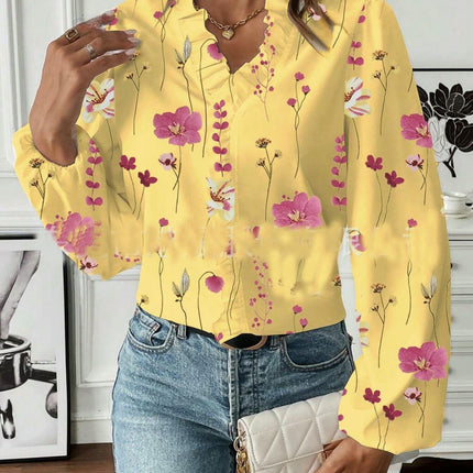 Women's Bohemian Casual Ruffle V-Neck Long Sleeve Floral Print Shirt Top