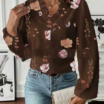 Women's Bohemian Casual Ruffle V-Neck Long Sleeve Floral Print Shirt Top